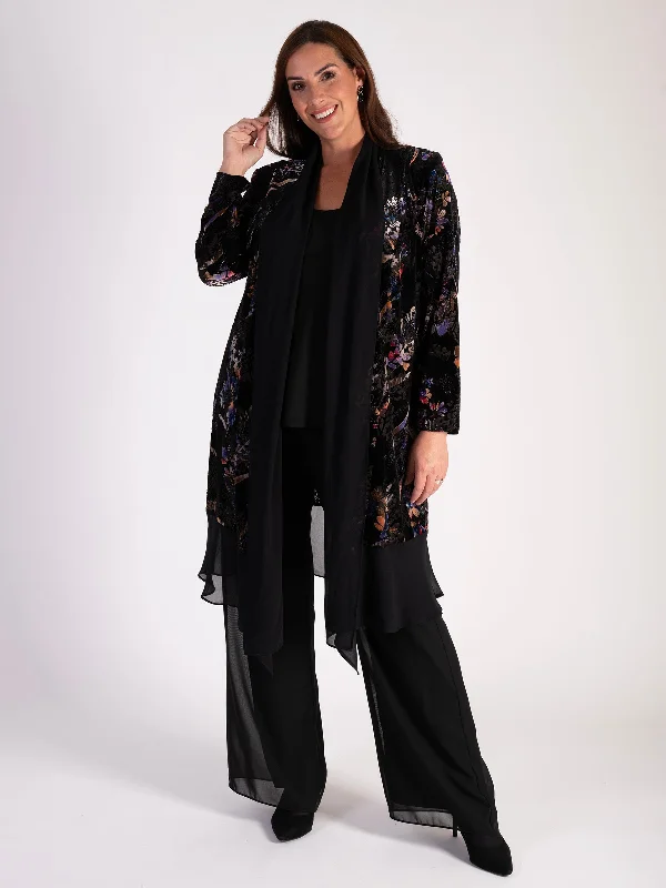 Black/Multi Floral Print Velvet Devoree Long Coat with Chiffon Trim