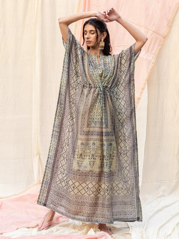 Odette Grey Silk Printed Stitched Indo Western Kaftan For Women