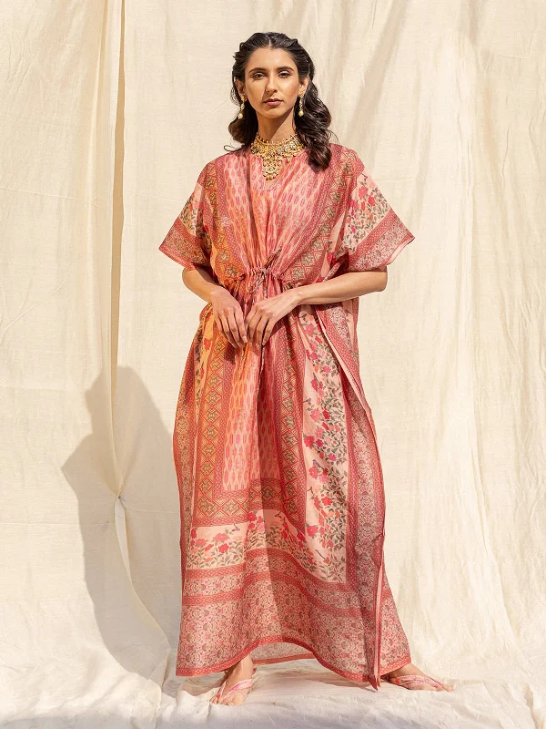 Odette Peach Silk Printed Stitched Indo Western Kaftan For Women