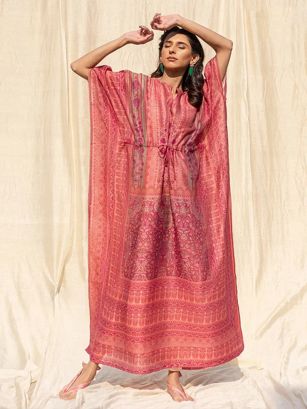 Odette Pink Silk Printed Stitched Indo Western Kaftan For Women