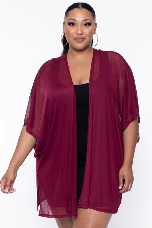 Plus Size Mesh Kimono - Burgundy