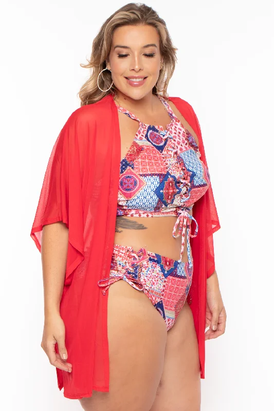 plus-size-mesh-kimono-red