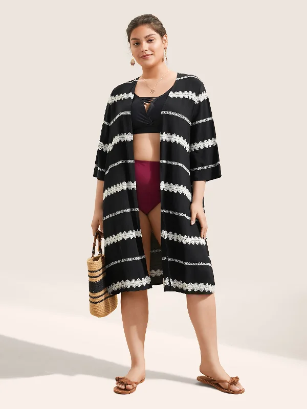 Striped Embroidered Patchwork Kimono