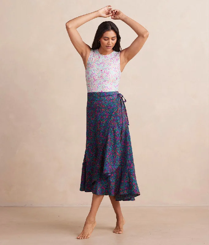 The Silky Luxe Beach to Brunch Wrap Skirt - Radiant Floral in Deep Sea