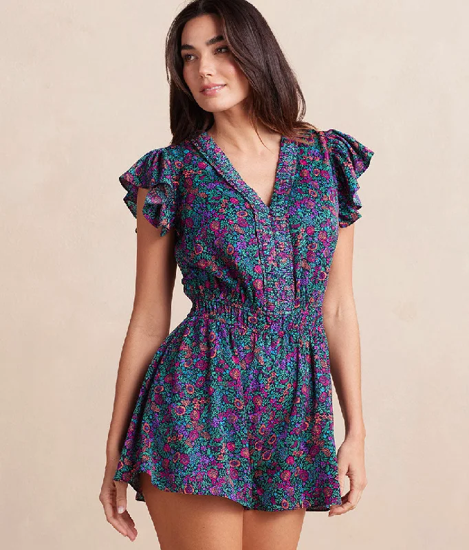 The Silky Luxe Ruffled Romper Cover-Up - Radiant Floral in Deep Sea