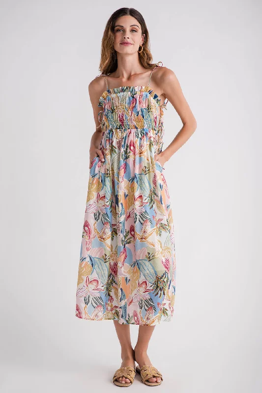 THML Smocked Bodice Tie Printed Maxi Dress