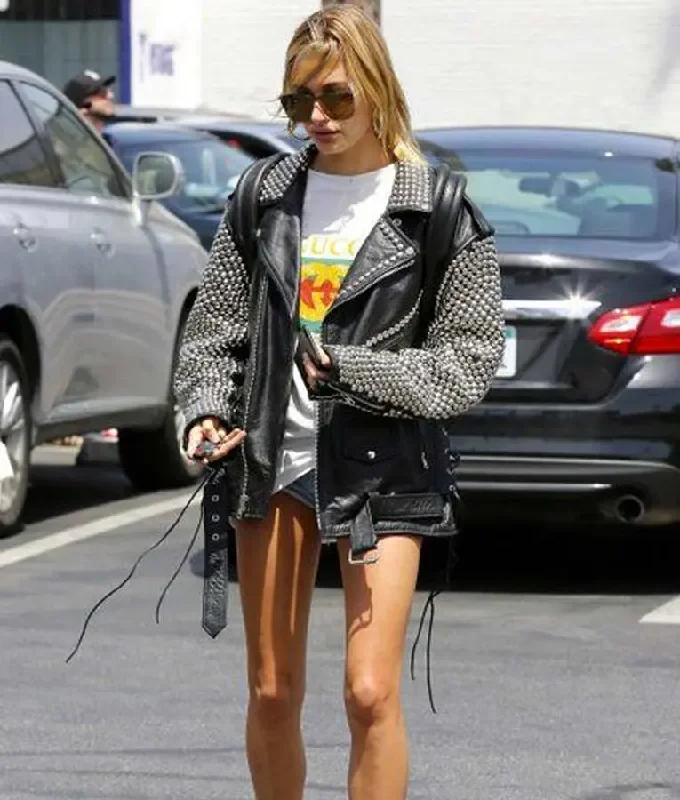 Hailey Baldwin Silver Studded Leather Jacket