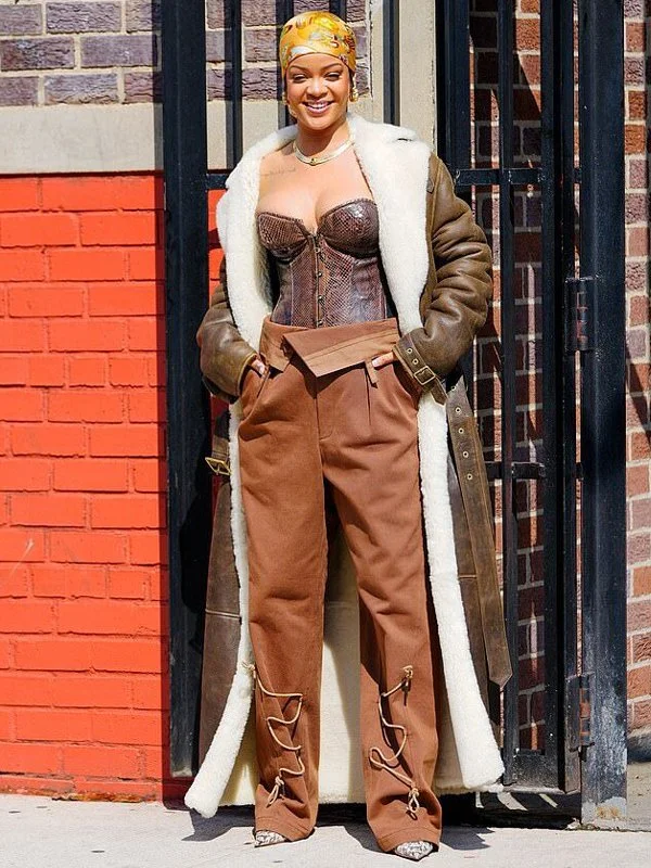 Rihanna Long Brown Leather Coat