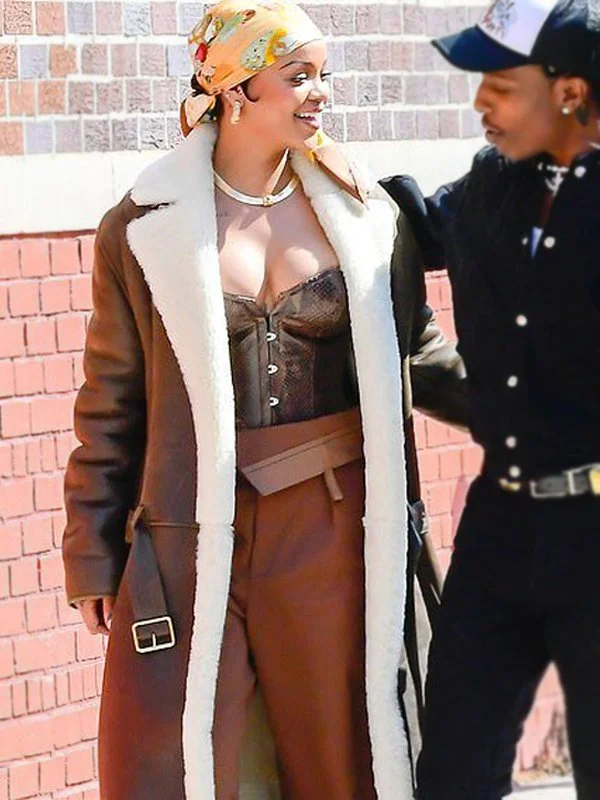 Rihanna Long Brown Leather Coat