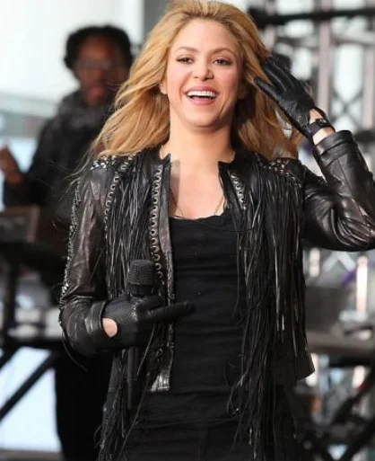 Shakira Studded Fringe Black Leather Jacket