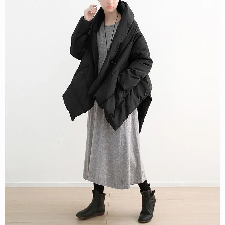 2018 black down coat plus size high neck pockets down overcoat thick asymmetric trench coat