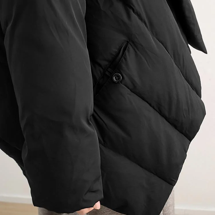 2018 black down coat plus size high neck pockets down overcoat thick asymmetric trench coat