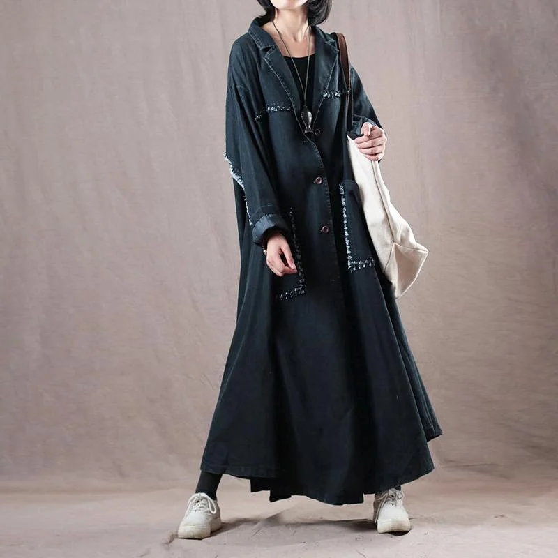 2018 denim black coats Loose fitting Notched trench coat Fashion large hem pockets coats