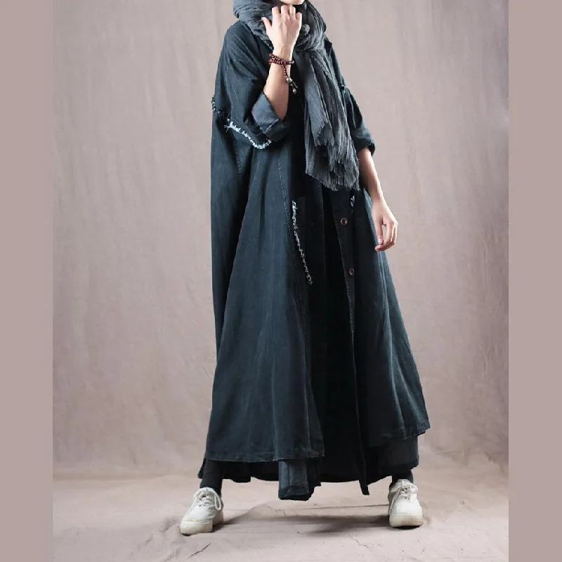 2018 denim black coats Loose fitting Notched trench coat Fashion large hem pockets coats