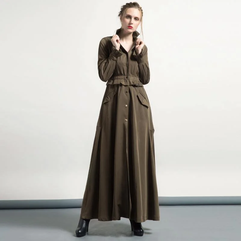 army green winter casual cotton blended trench coat outwear tunic fashion maxi coats