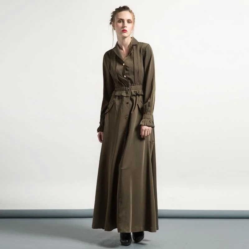 army green winter casual cotton blended trench coat outwear tunic fashion maxi coats