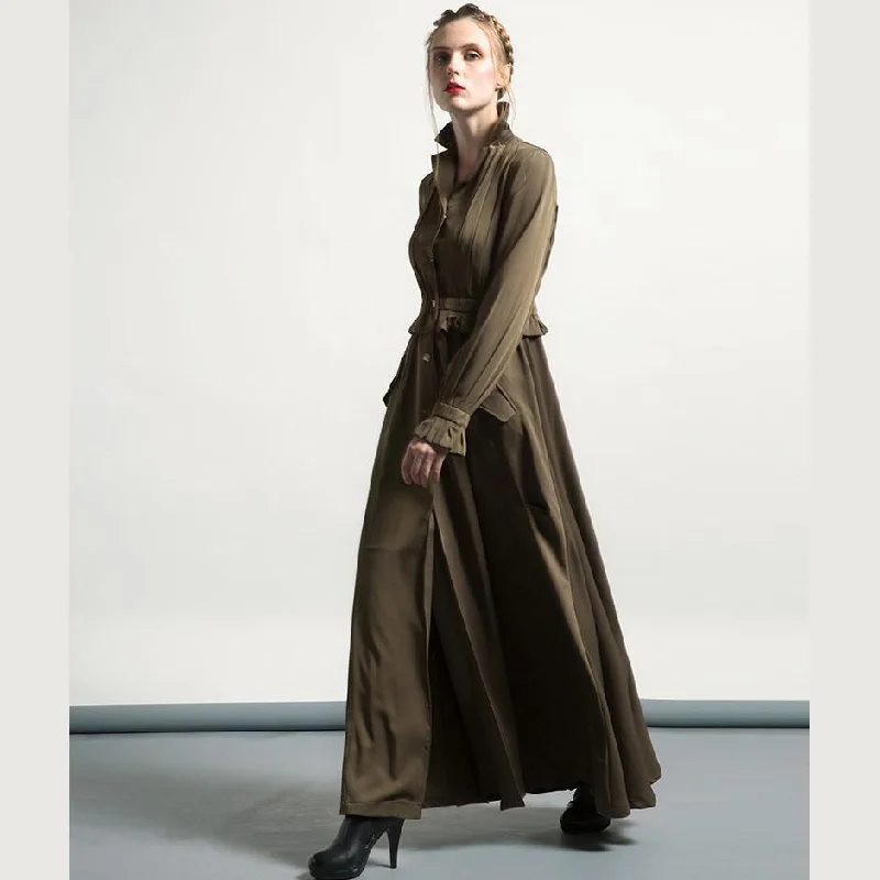 army green winter casual cotton blended trench coat outwear tunic fashion maxi coats