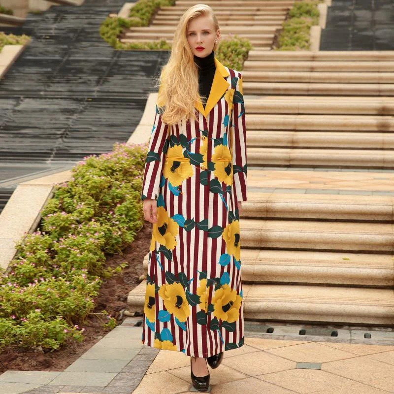 autumn unique striped prints cotton blended trench coats women fashion back open long outwear