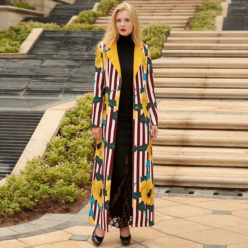 autumn unique striped prints cotton blended trench coats women fashion back open long outwear