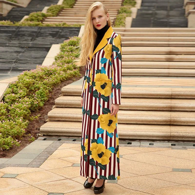 autumn unique striped prints cotton blended trench coats women fashion back open long outwear