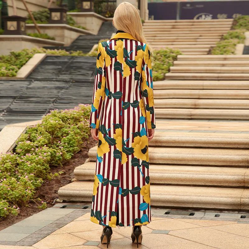 autumn unique striped prints cotton blended trench coats women fashion back open long outwear