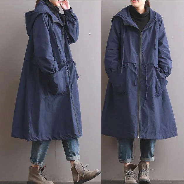 autumn warm blue hooded cotton trench plus size casual long sleeve tie waist trench coats