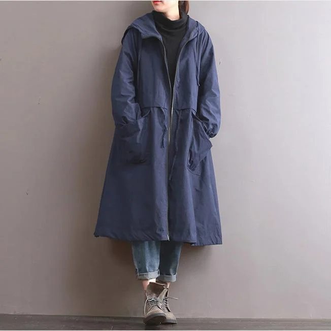 autumn warm blue hooded cotton trench plus size casual long sleeve tie waist trench coats