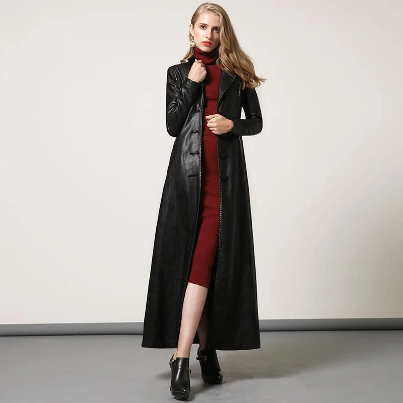 black PU long coat women slim fit stylish elegant lapel collar maxi trench coats