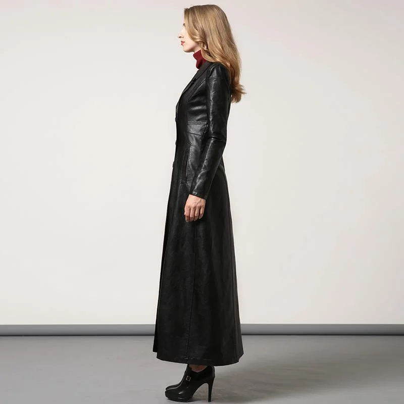 black PU long coat women slim fit stylish elegant lapel collar maxi trench coats