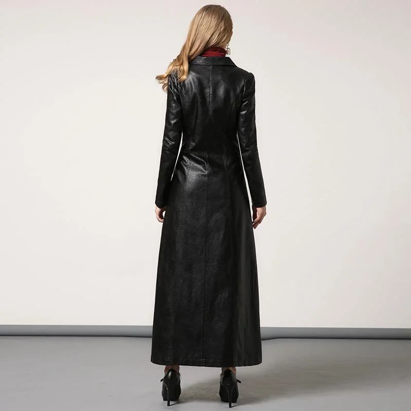 black PU long coat women slim fit stylish elegant lapel collar maxi trench coats