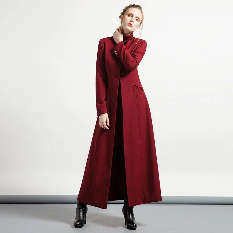 burgundy slim fit cotton blended maxi trench coats tunic elegant long sleeve cardigan outwear