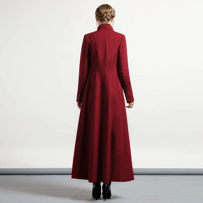 burgundy slim fit cotton blended maxi trench coats tunic elegant long sleeve cardigan outwear