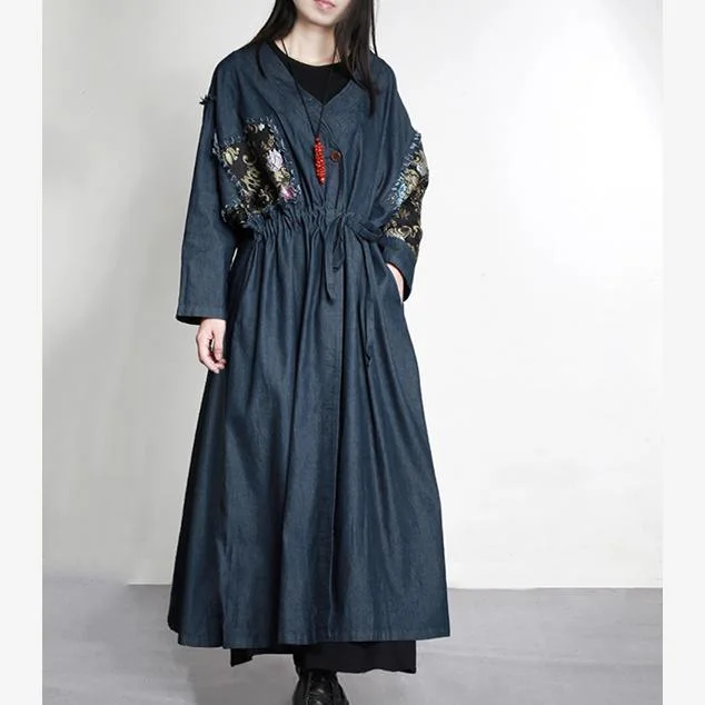 Denim blue winter prints patchwork cotton trench coat dresses plus size drawstring slim maxi caftans