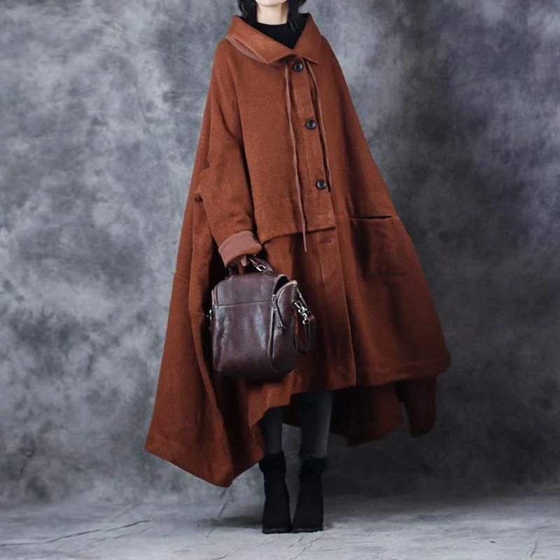 Elegant brown woolen Coats oversize Turn-down Collar long coat asymmetric trench coat