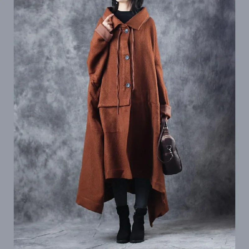 Elegant brown woolen Coats oversize Turn-down Collar long coat asymmetric trench coat