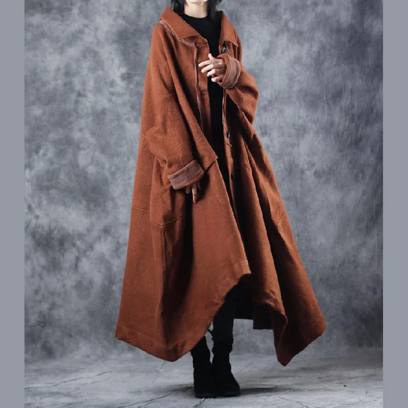 Elegant brown woolen Coats oversize Turn-down Collar long coat asymmetric trench coat