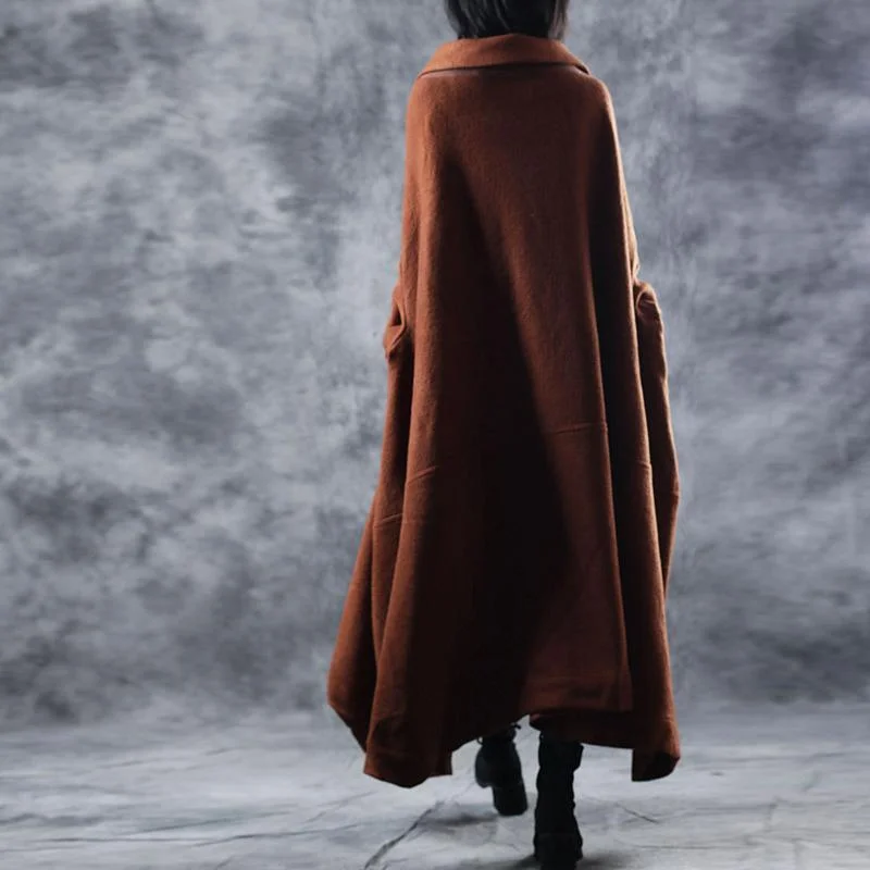 Elegant brown woolen Coats oversize Turn-down Collar long coat asymmetric trench coat