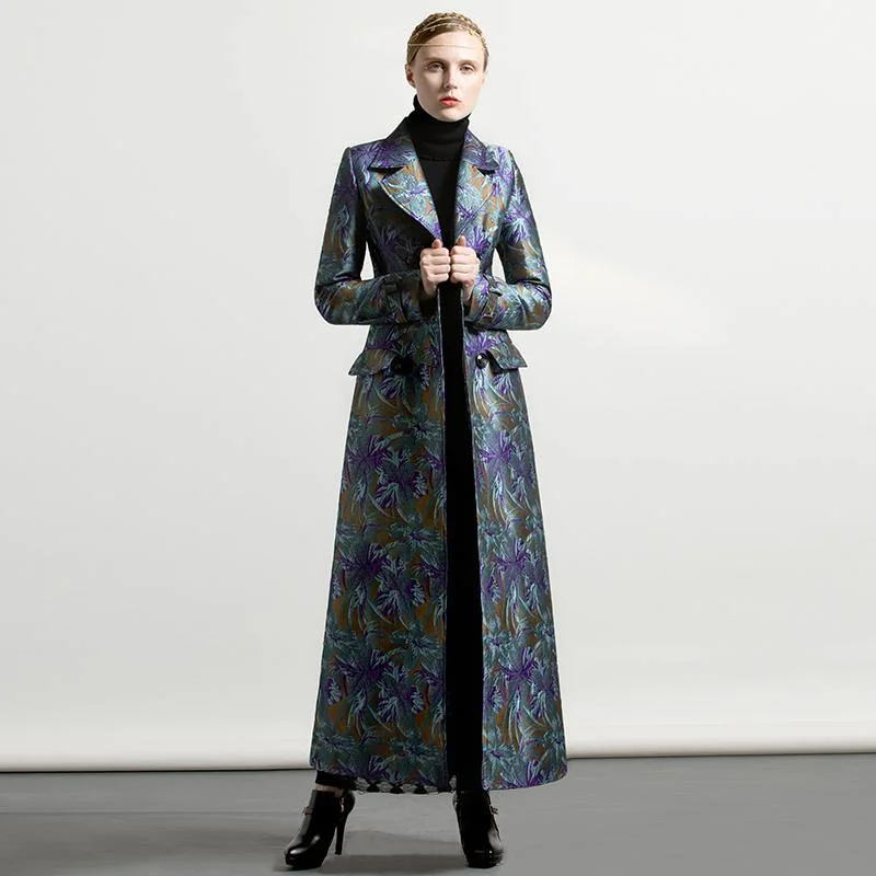 European and American style blue prints cotton blended trench coats fashion jacquard thick coat