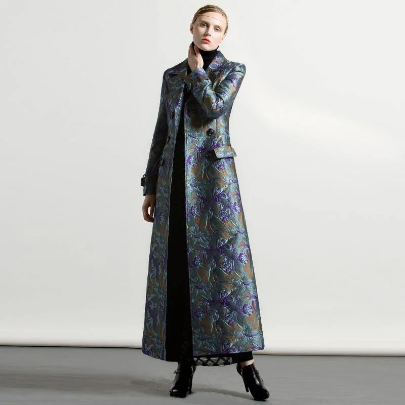 European and American style blue prints cotton blended trench coats fashion jacquard thick coat