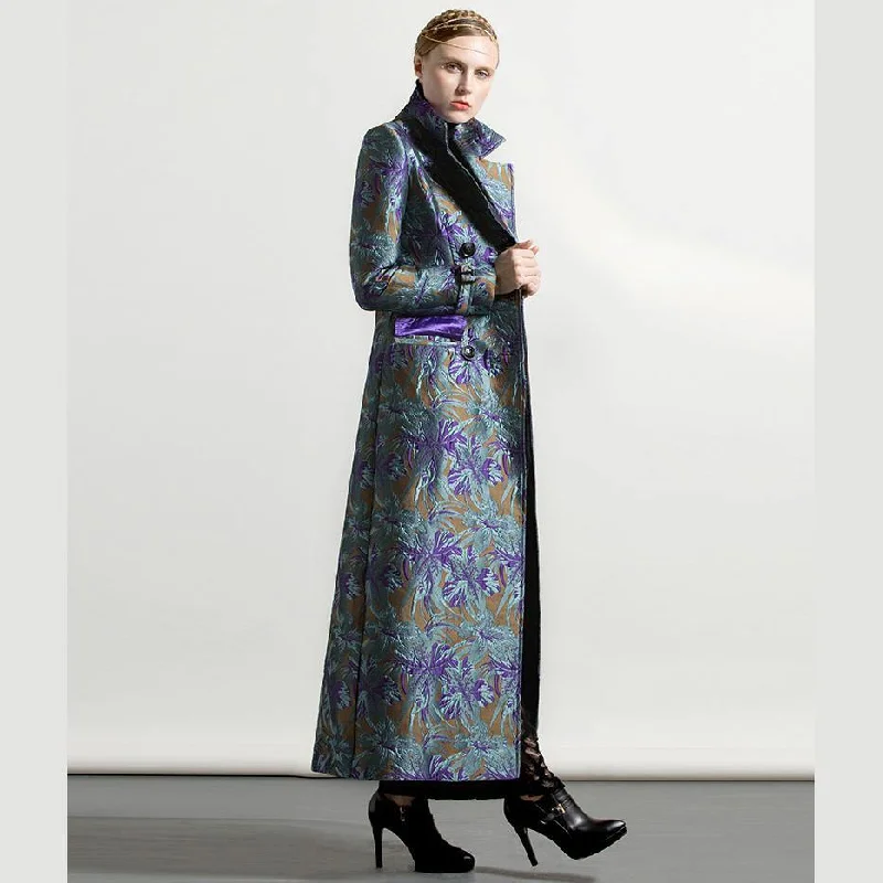 European and American style blue prints cotton blended trench coats fashion jacquard thick coat