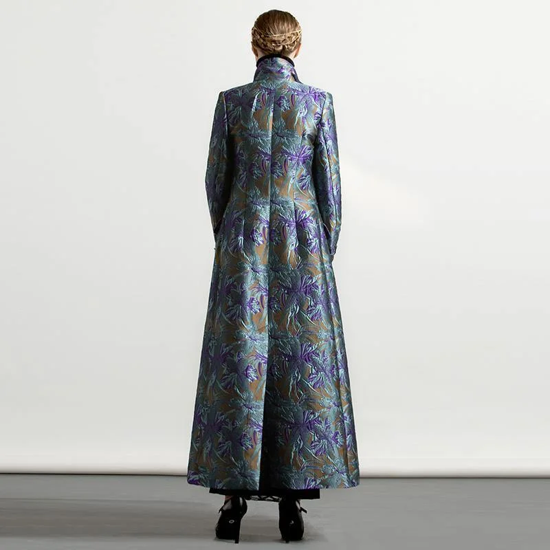 European and American style blue prints cotton blended trench coats fashion jacquard thick coat