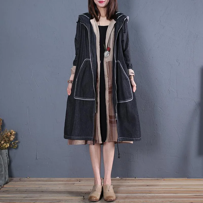 Fashion black overcoat plus size trench coat fall outwear hooded