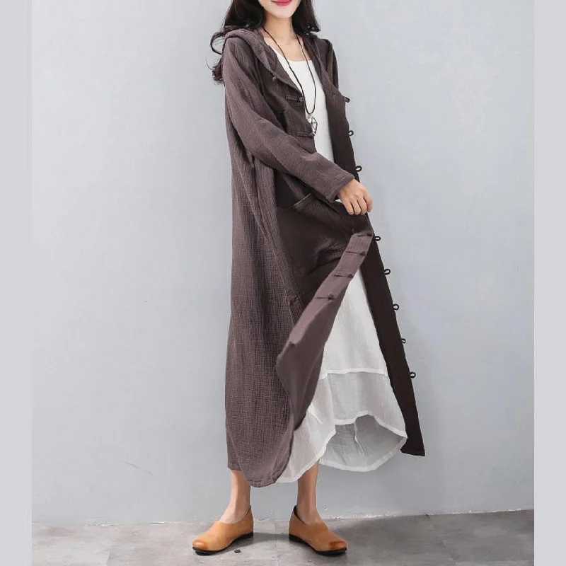 Fashion chocolate long coat Loose fitting hooded cardigans 2018 Chinese Button trench coat