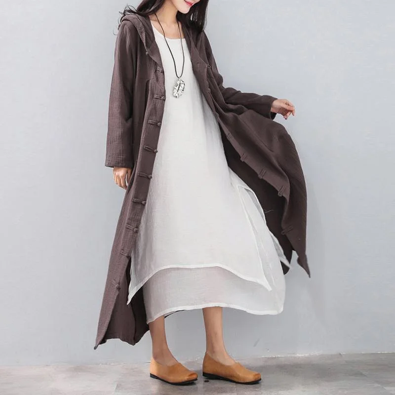 Fashion chocolate long coat Loose fitting hooded cardigans 2018 Chinese Button trench coat