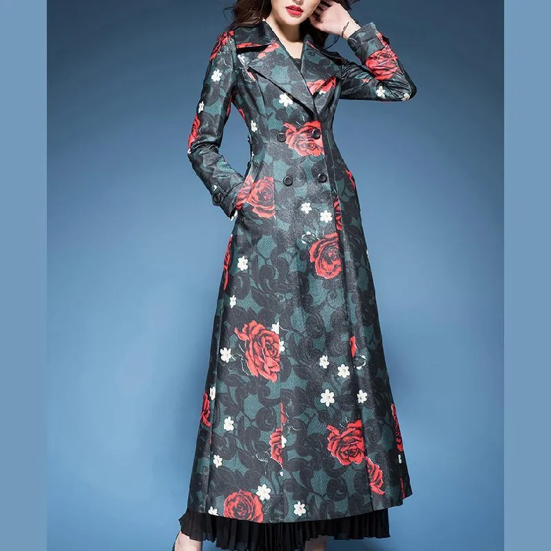 fashion elegant red print cotton blended trench coats double breast long sleeve coat