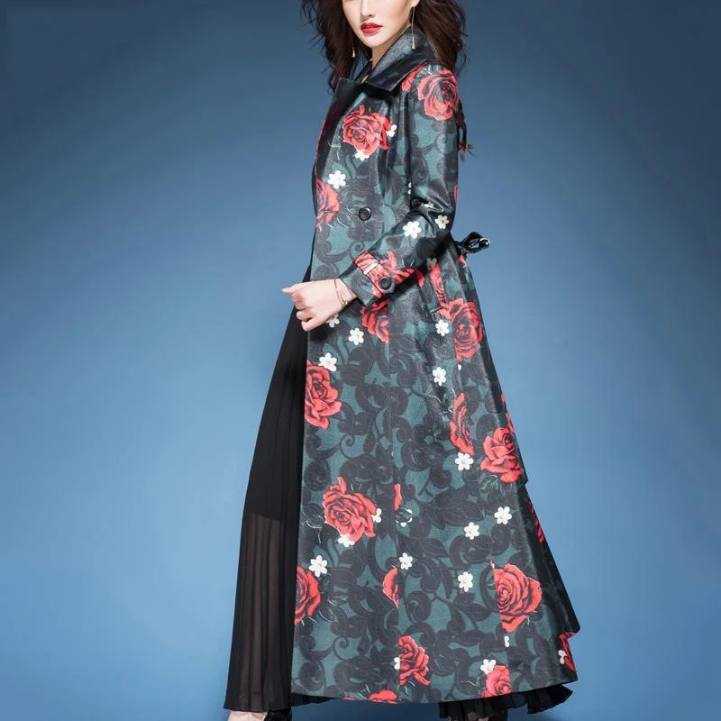 fashion elegant red print cotton blended trench coats double breast long sleeve coat