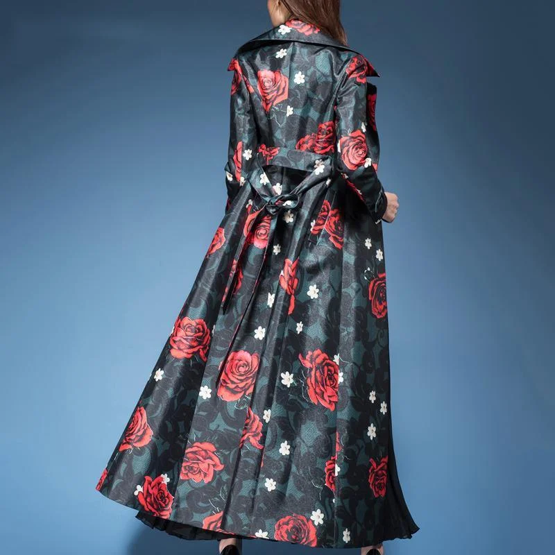 fashion elegant red print cotton blended trench coats double breast long sleeve coat