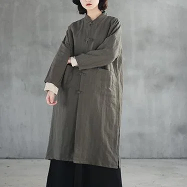 Fine gray Coats plus size stand collar cardigan 2018 long sleeve trench coat