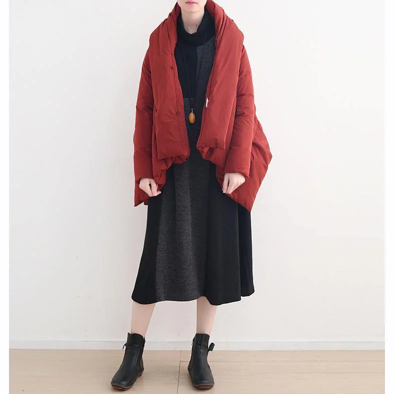 Fine red quilted coat plus size high neck pockets quilted coat Casual asymmetric trench coat