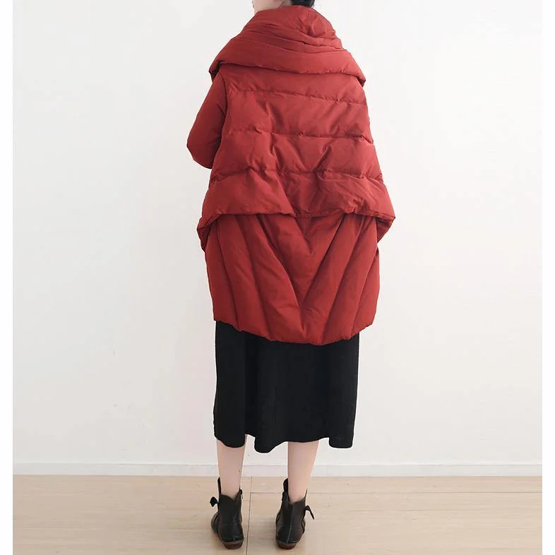 Fine red quilted coat plus size high neck pockets quilted coat Casual asymmetric trench coat